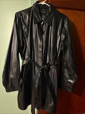 Outer Edge Black Faux Leather Belted Trench Coat